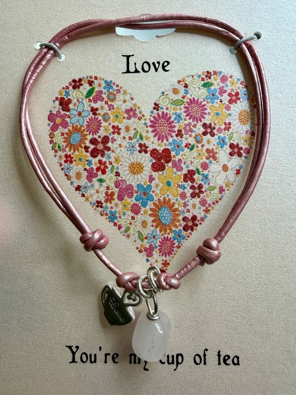 Love Charm Pink Leather Cord Necklace with Stone Pendant